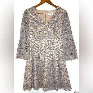 Eliza J  Lace Fit & Flare Bell Sleeve Dress grey lavender purple v neck